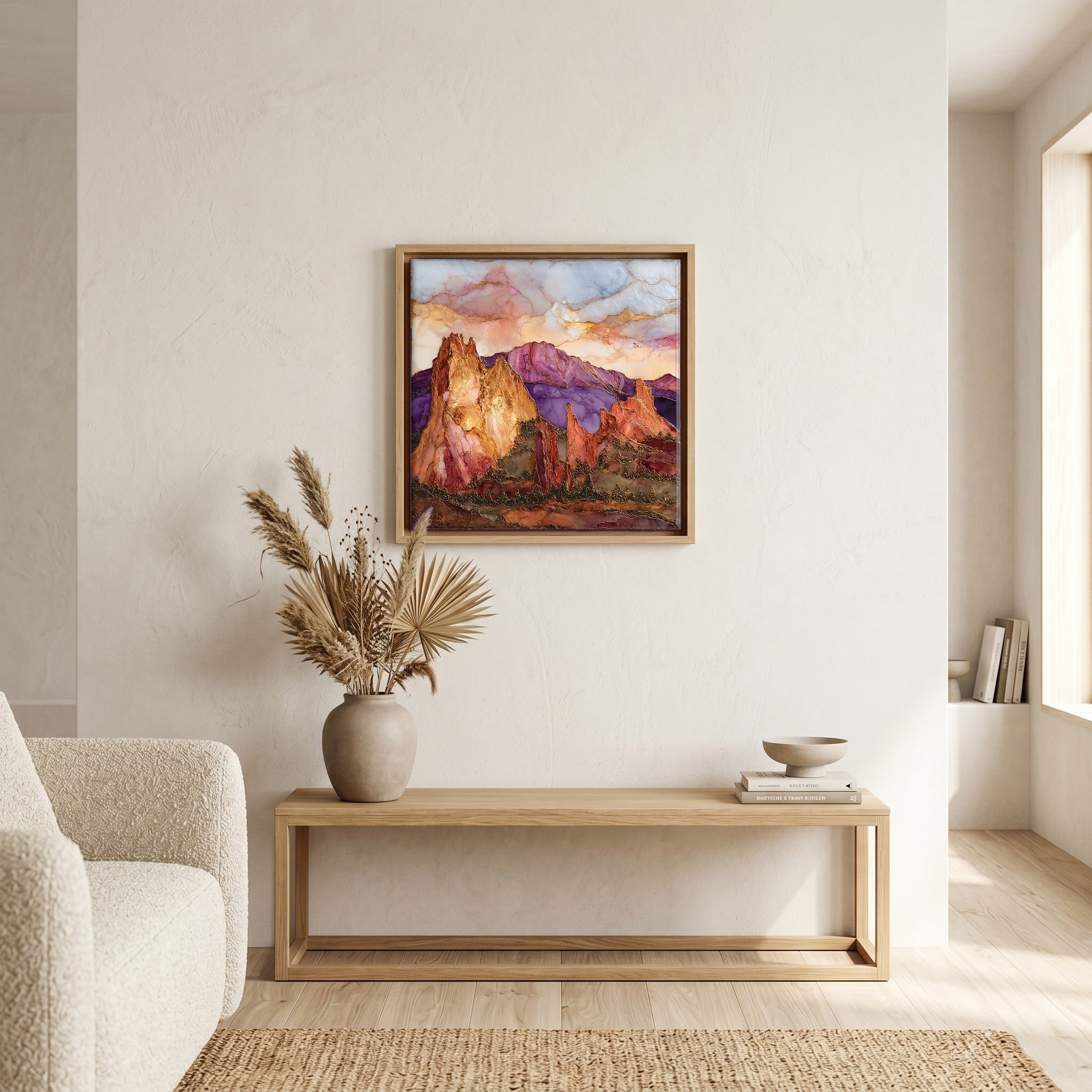 Above the bench, in a warm oak surround.