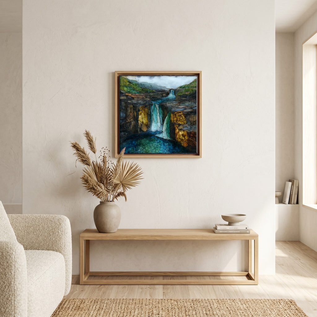 In the living room, above the sofa.