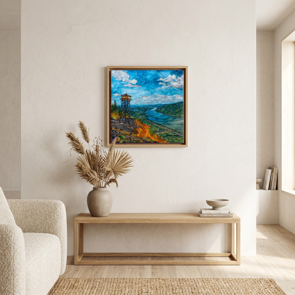 In the living room, above the sofa.