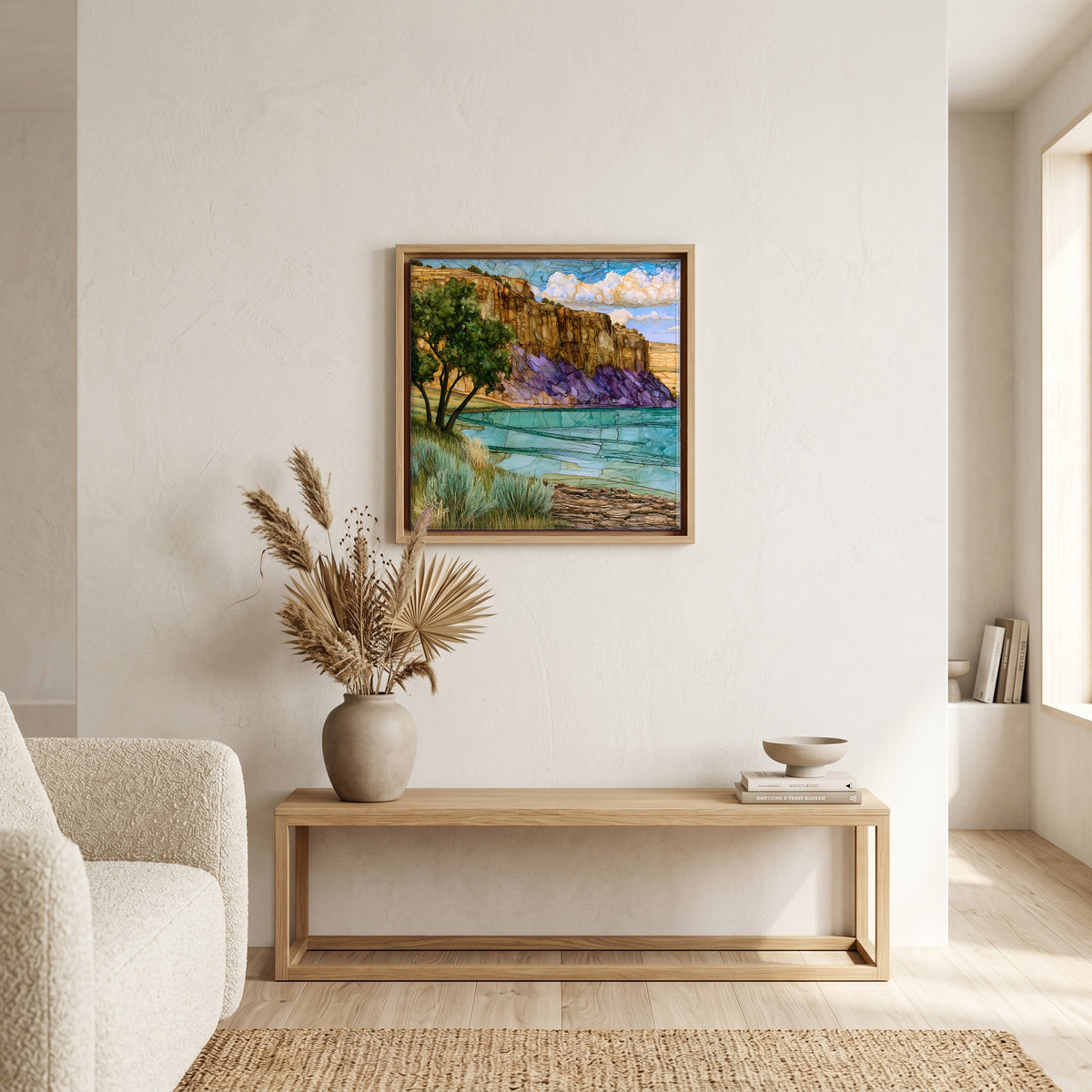 In the living room, above the sofa.