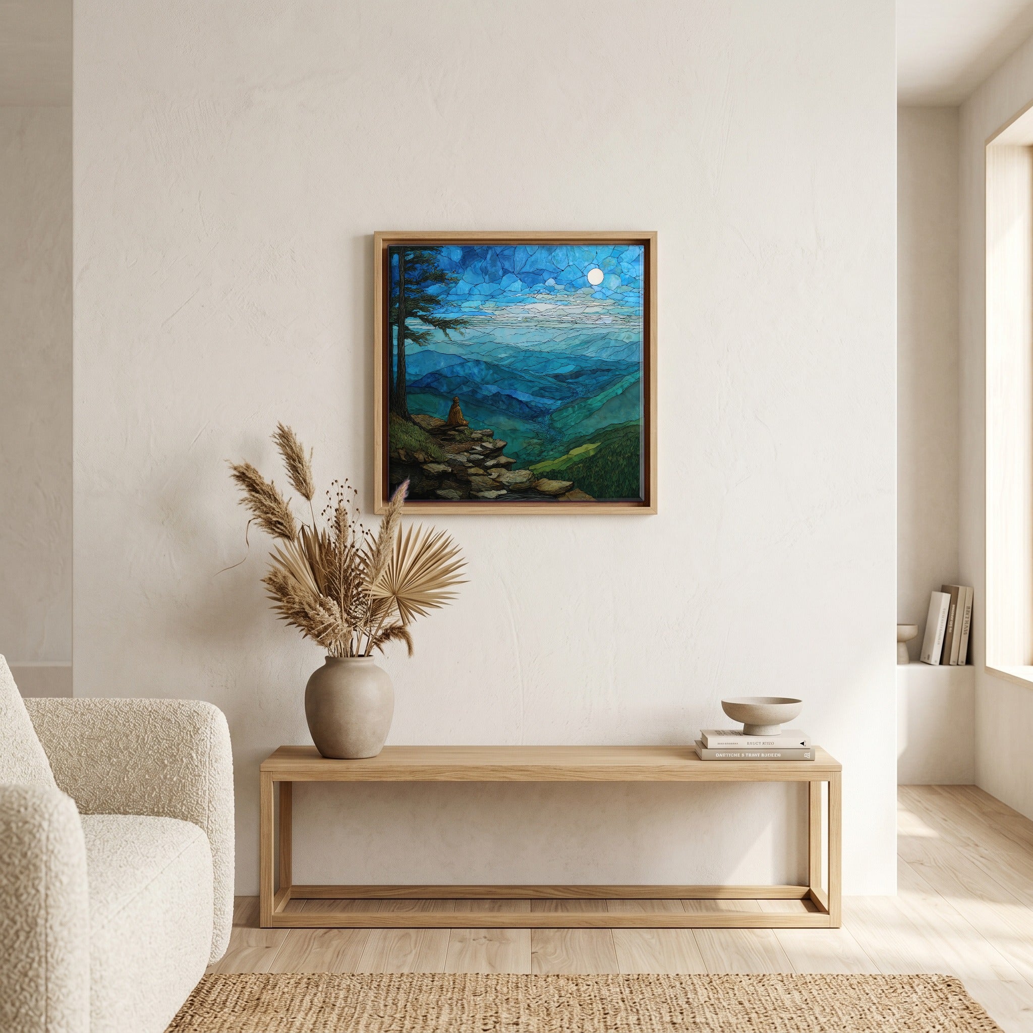 In the living room, above the sofa.