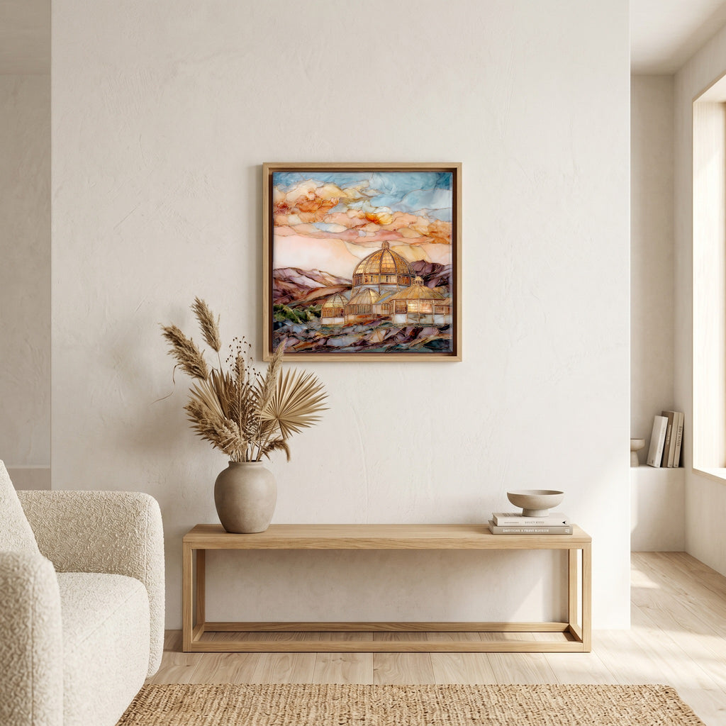 In the living room, above the sofa.