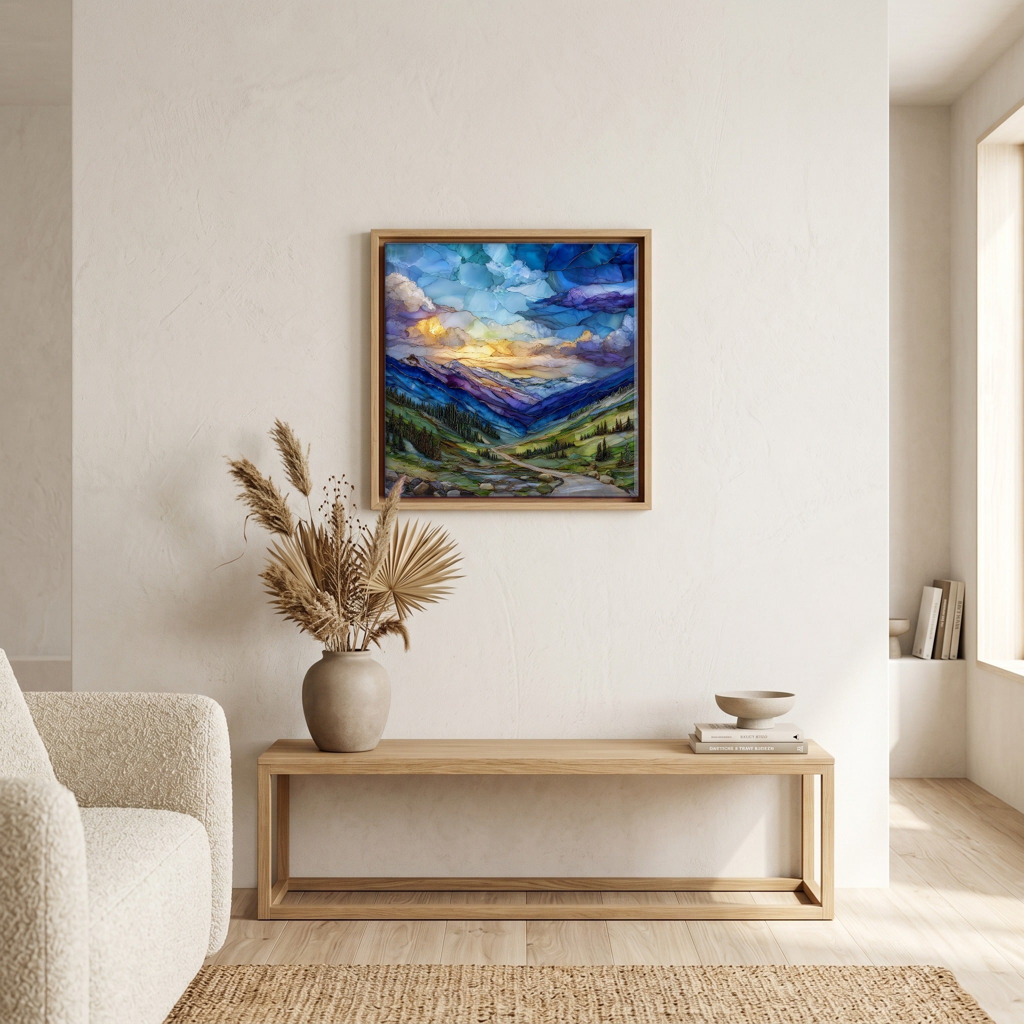 In the living room, above the sofa.