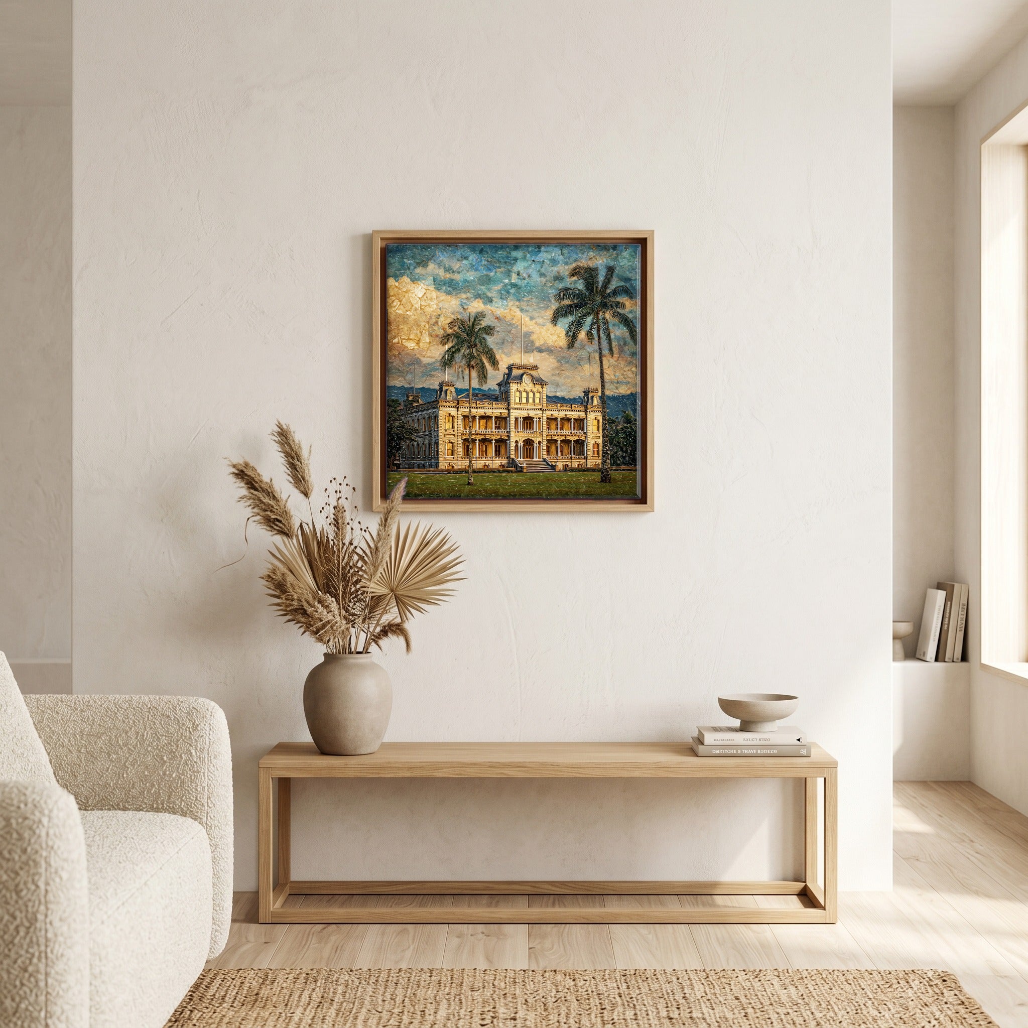 Above the bench, in a warm oak surround.