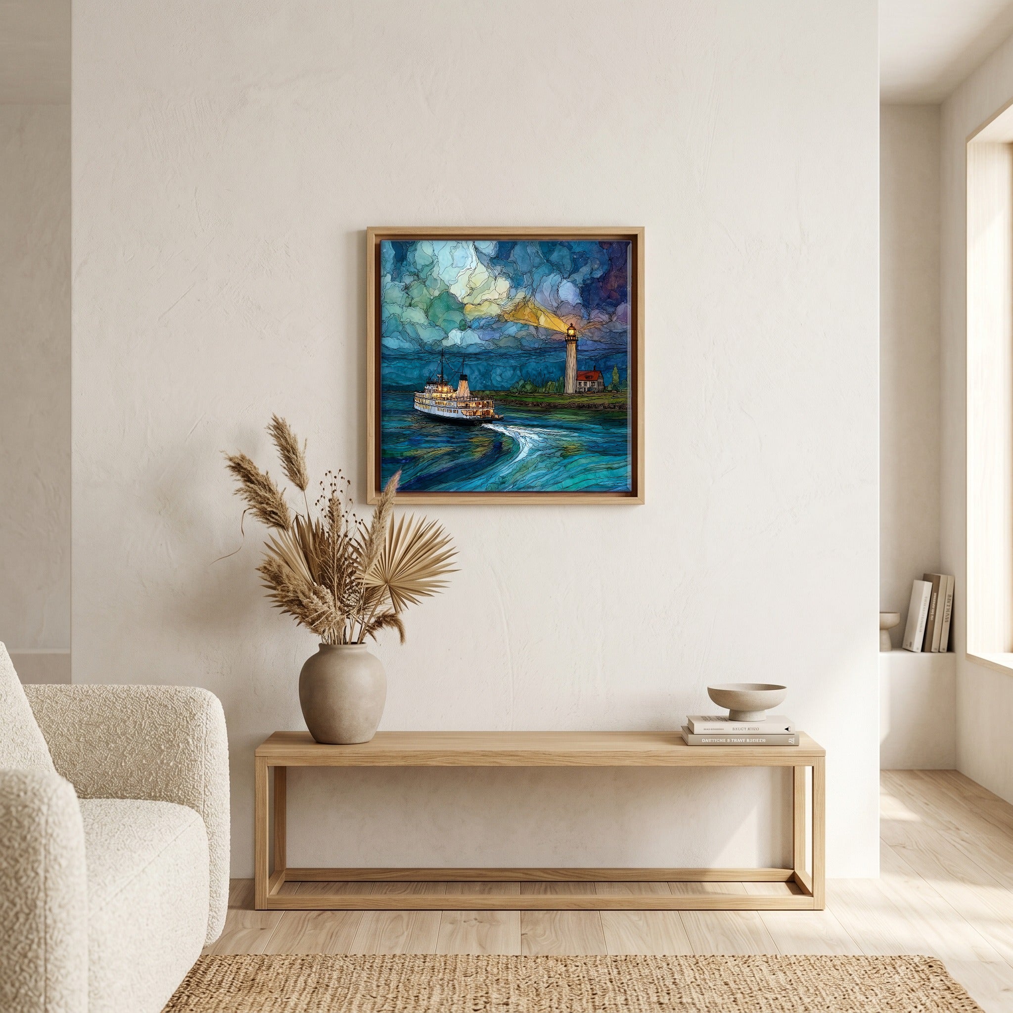 In the living room, above the sofa.