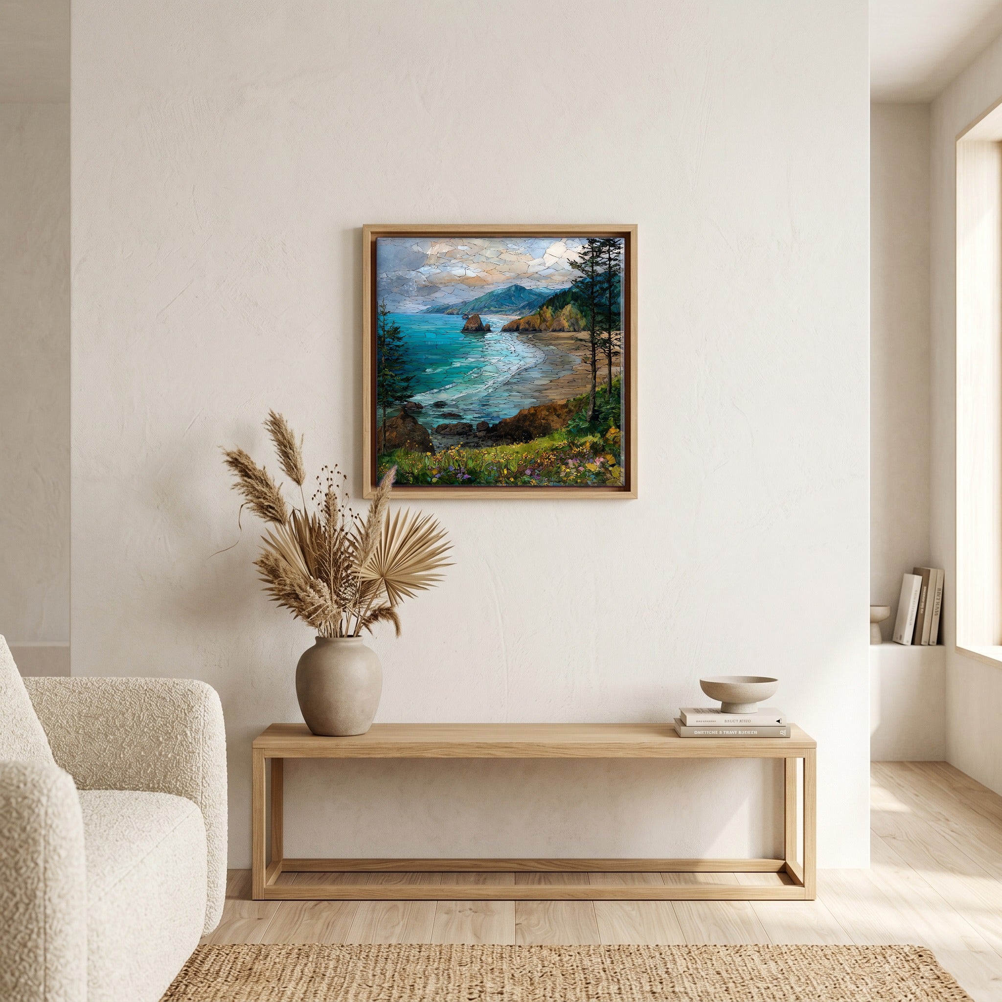 In the living room, above the sofa.