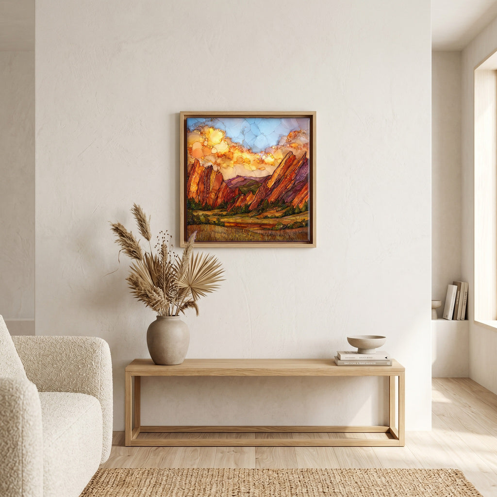 In the living room, above the sofa.
