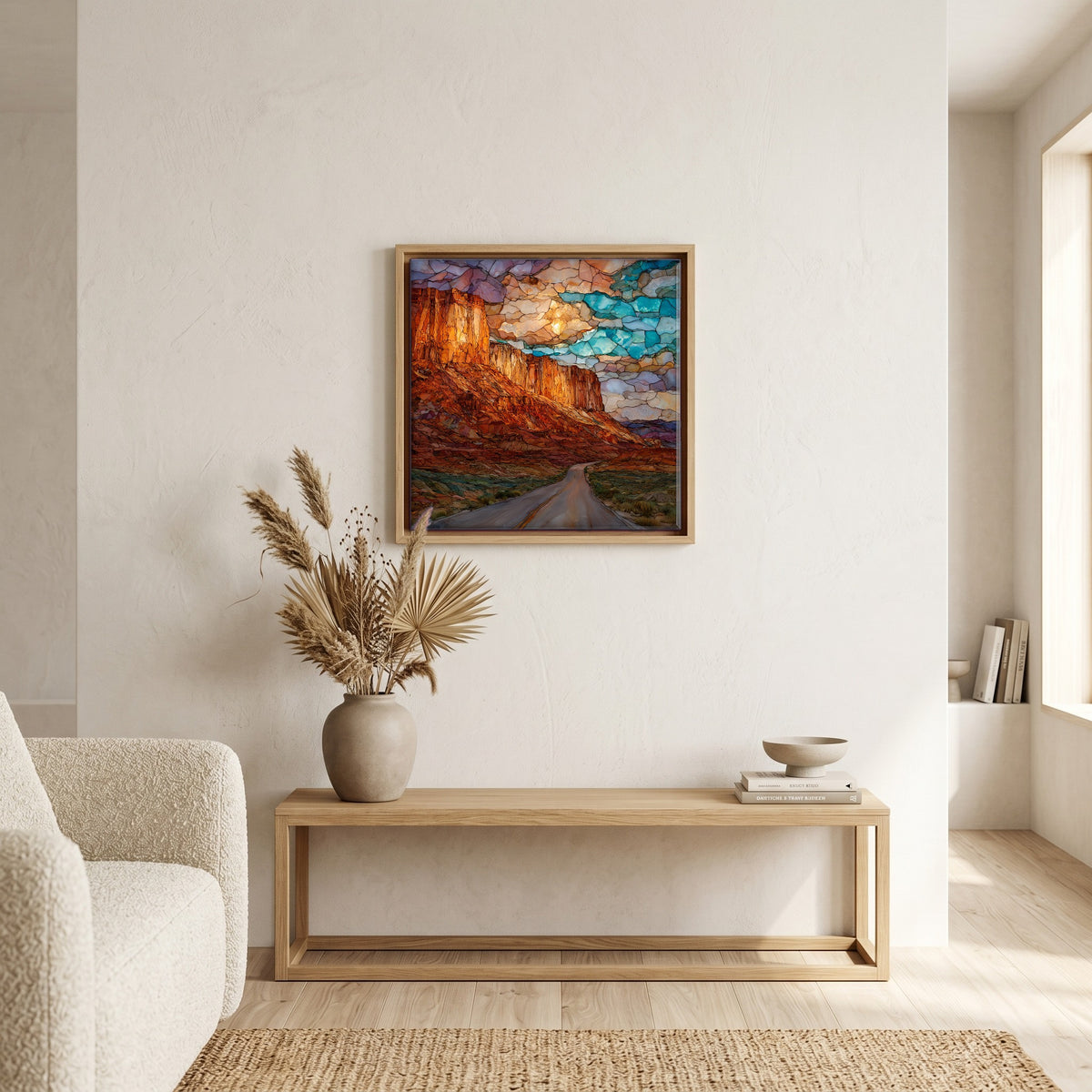In the living room, above the sofa.