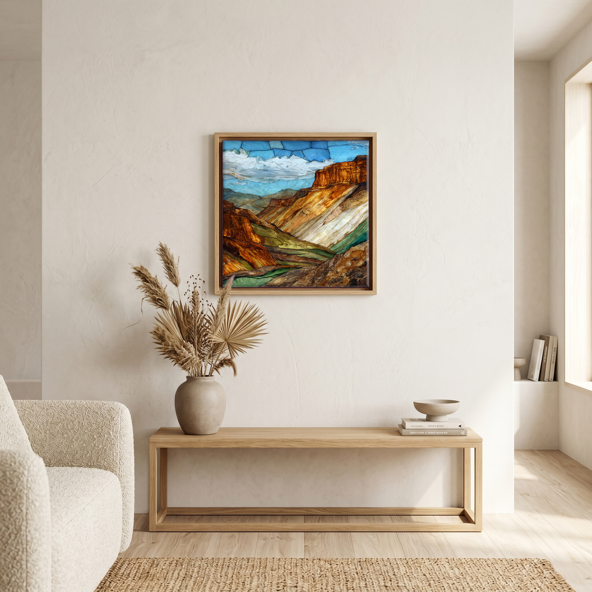 Above the bench, in a warm oak surround.