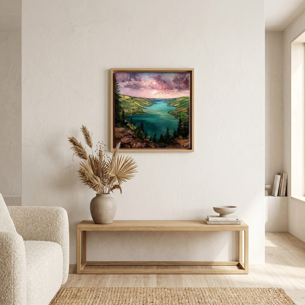 In the living room, above the sofa.