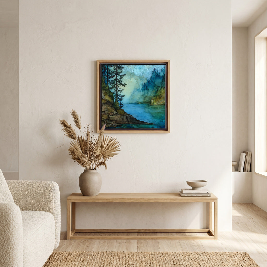 In the living room, above the sofa.