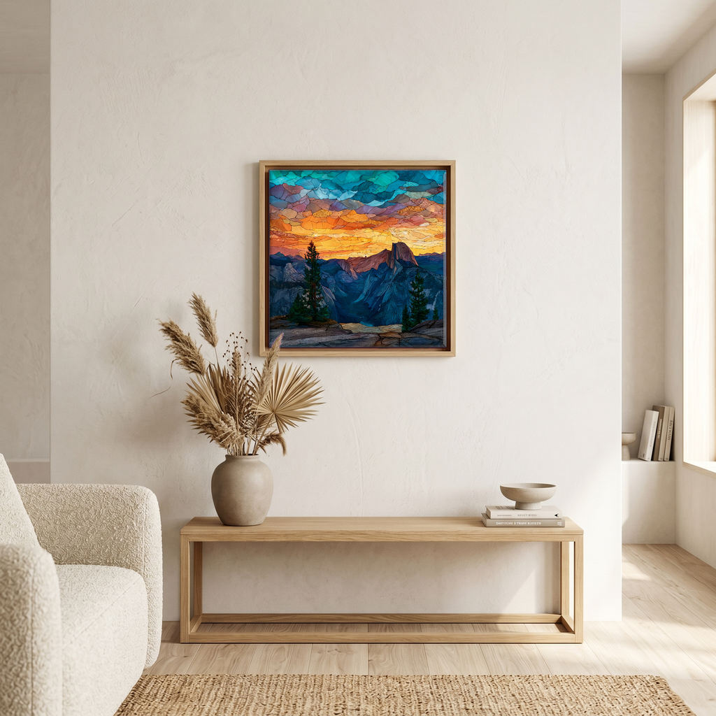 Above the bench, in a warm oak surround.