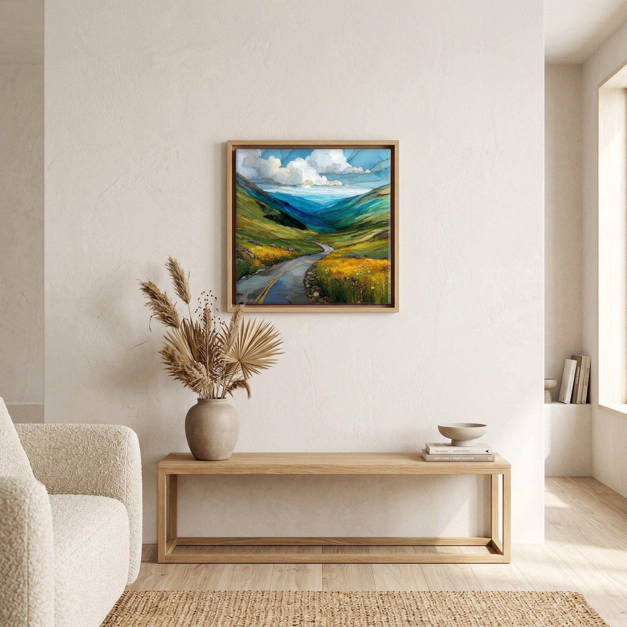 In the living room, above the sofa.
