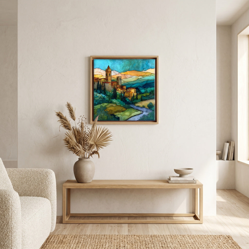 Above the bench, in a warm oak surround.