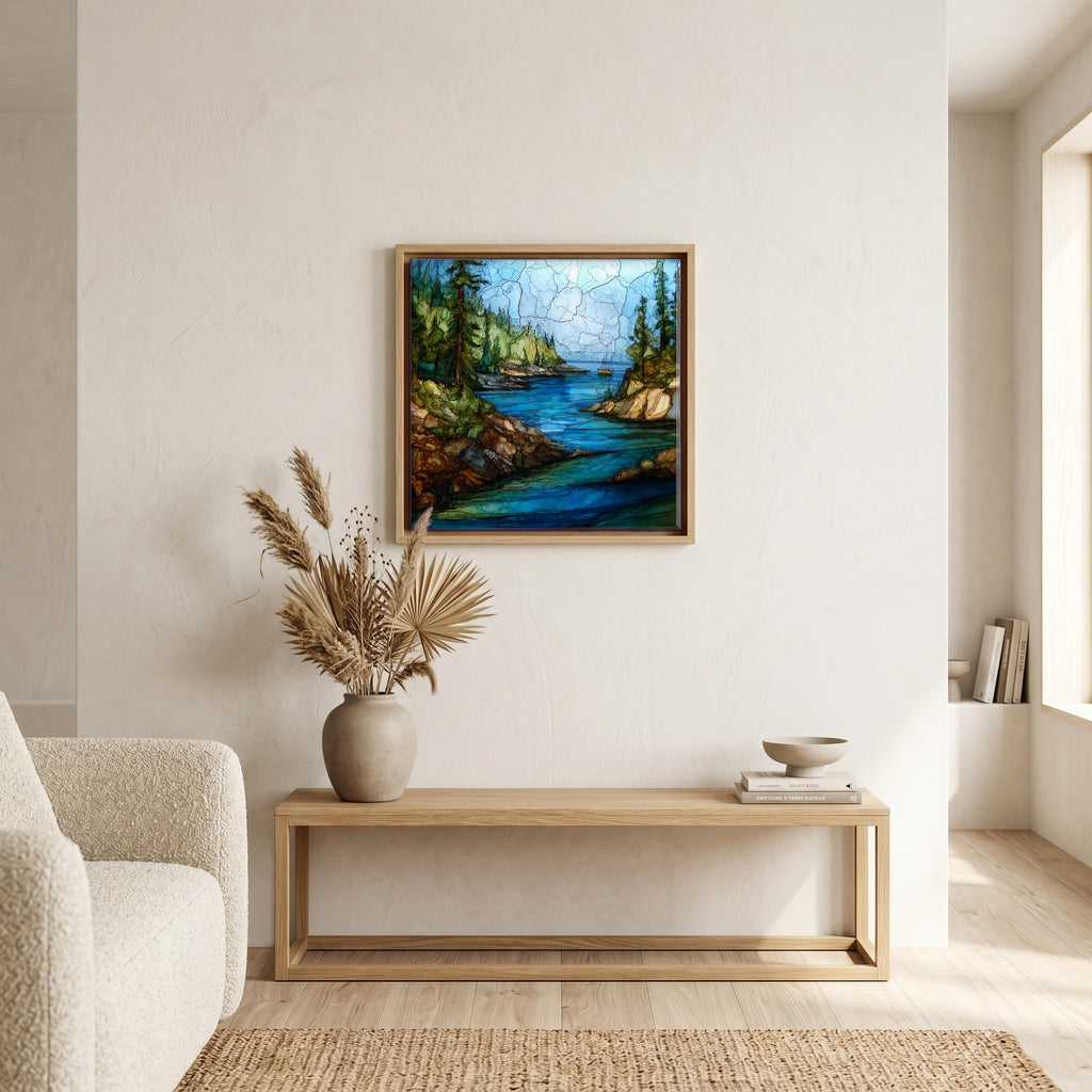 In the living room, above the sofa.
