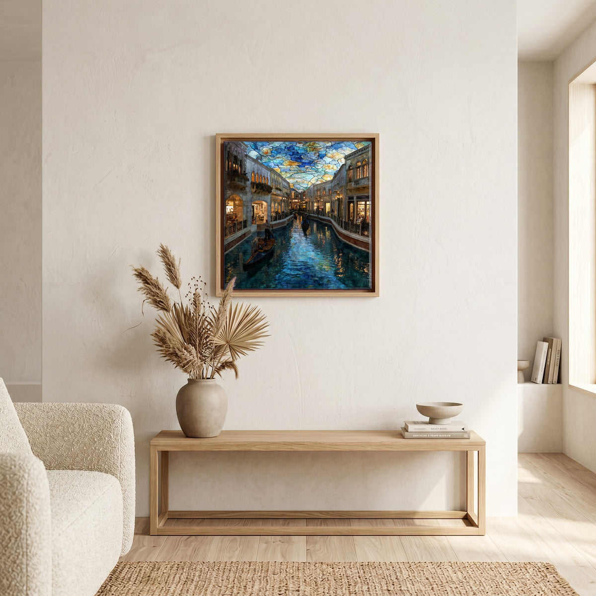 In the living room, above the sofa.