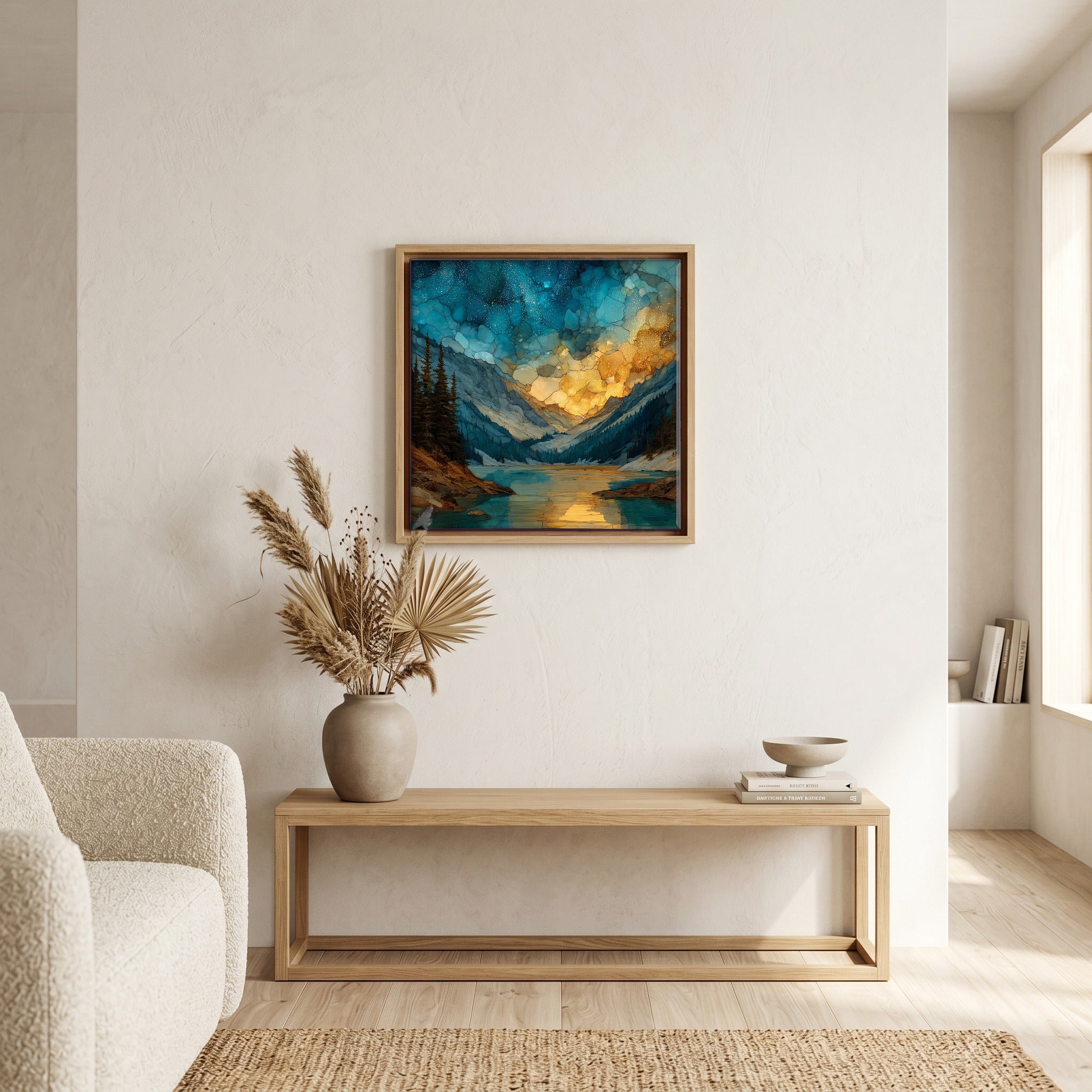 In the living room, above the sofa.