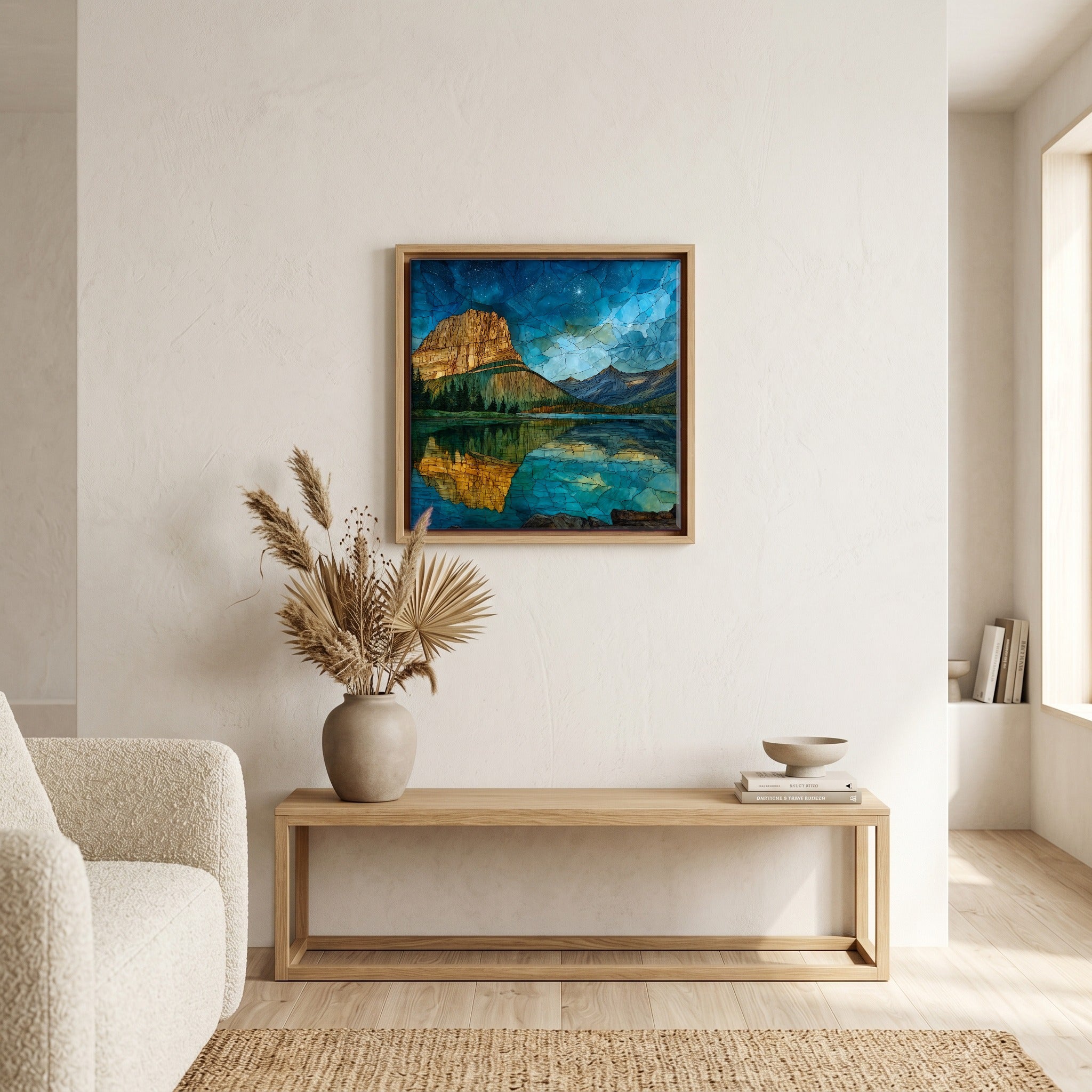 In the living room, above the sofa.