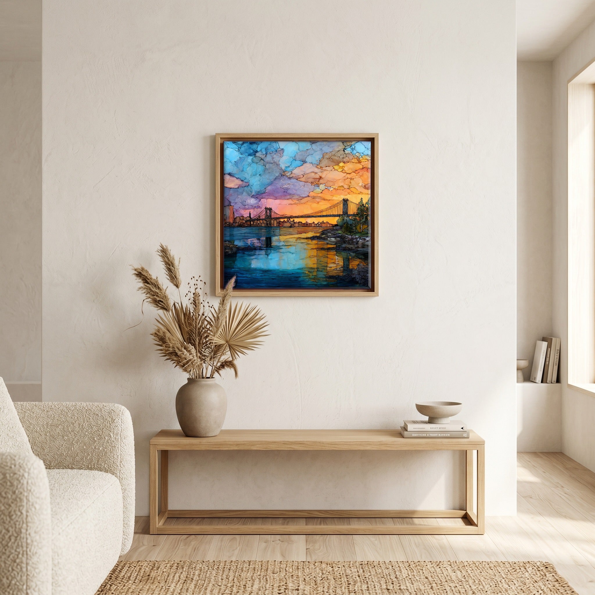 In the living room, above the sofa.