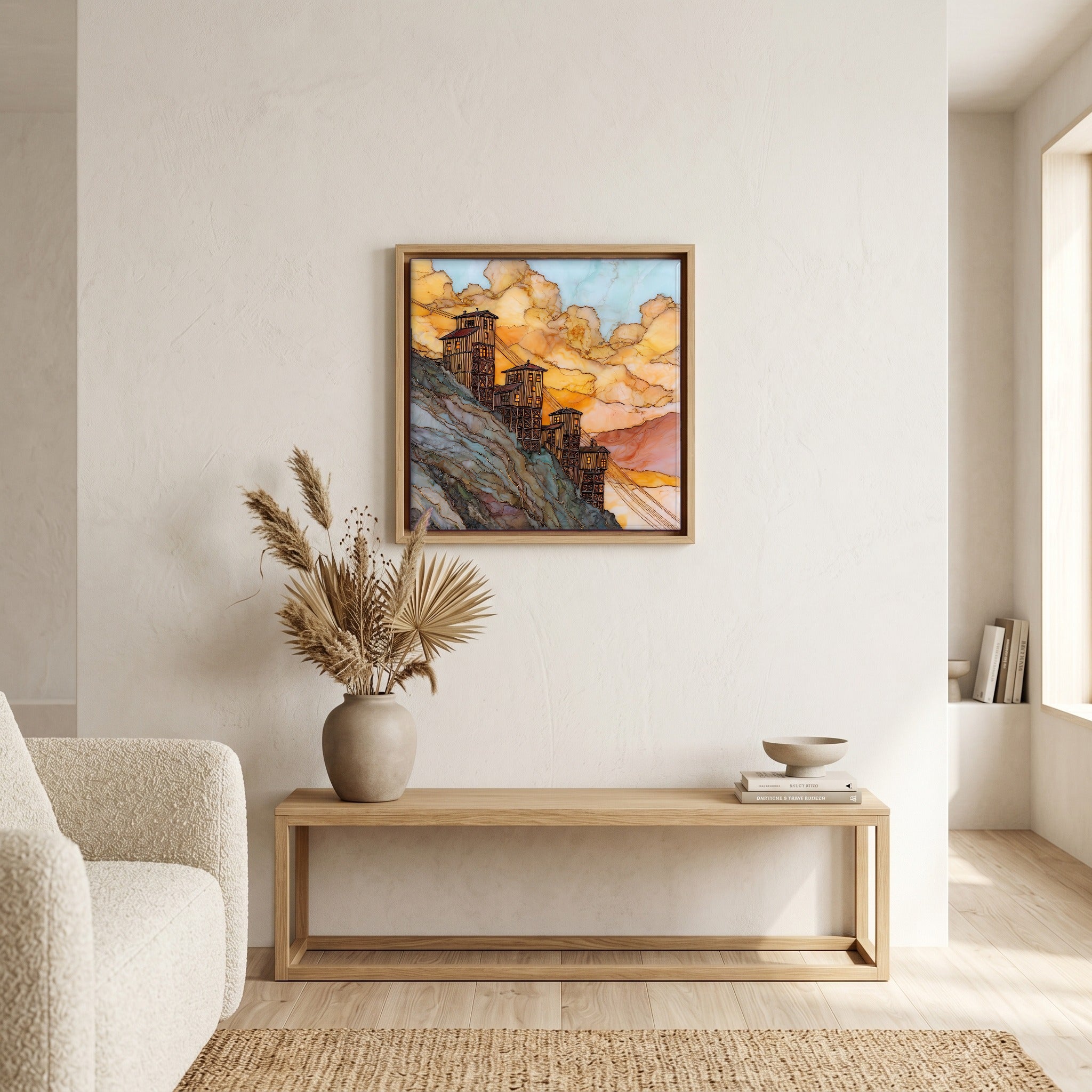 Above the bench, in a warm oak surround.