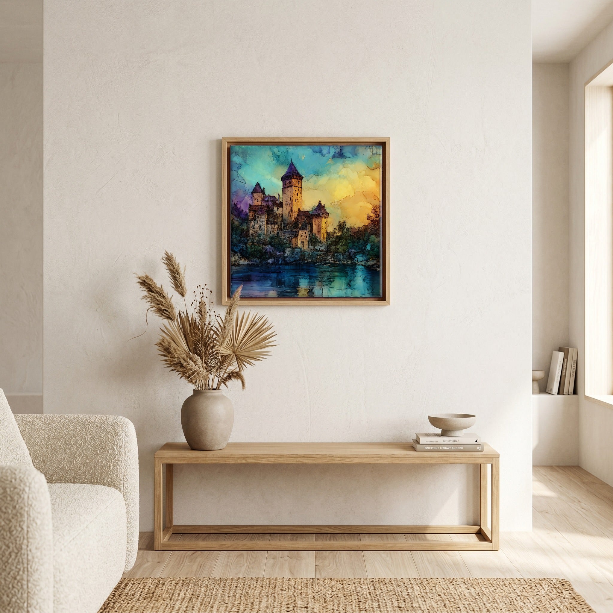 Above the bench, in a warm oak surround.