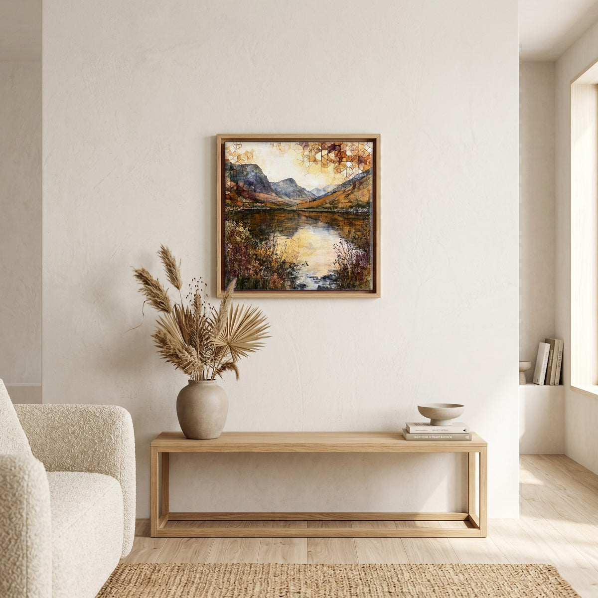 In the living room, above the sofa.