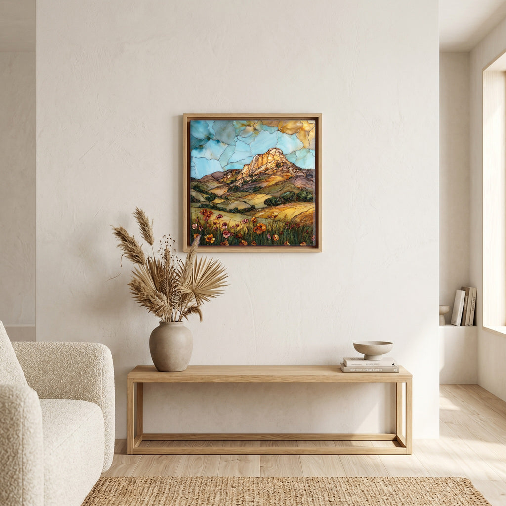 In the living room, above the sofa.