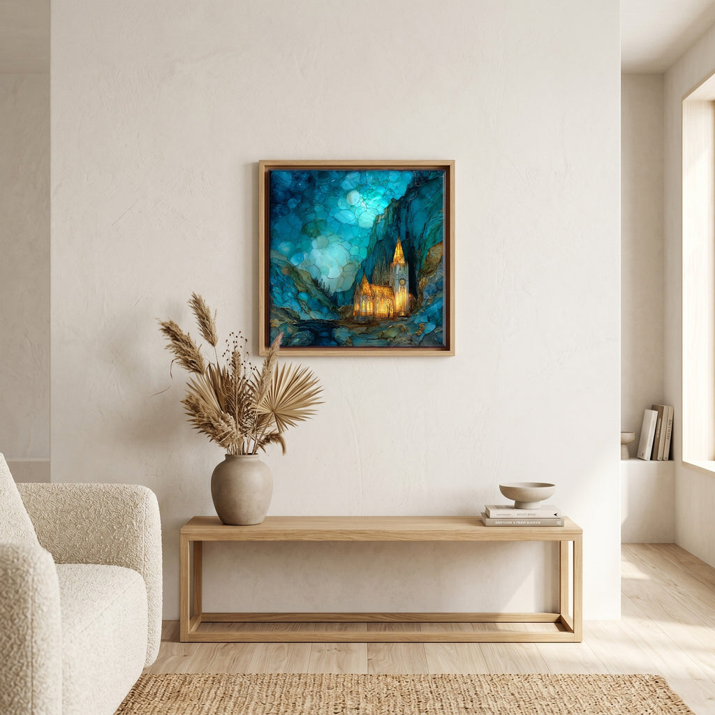 Above the bench, in a warm oak surround.