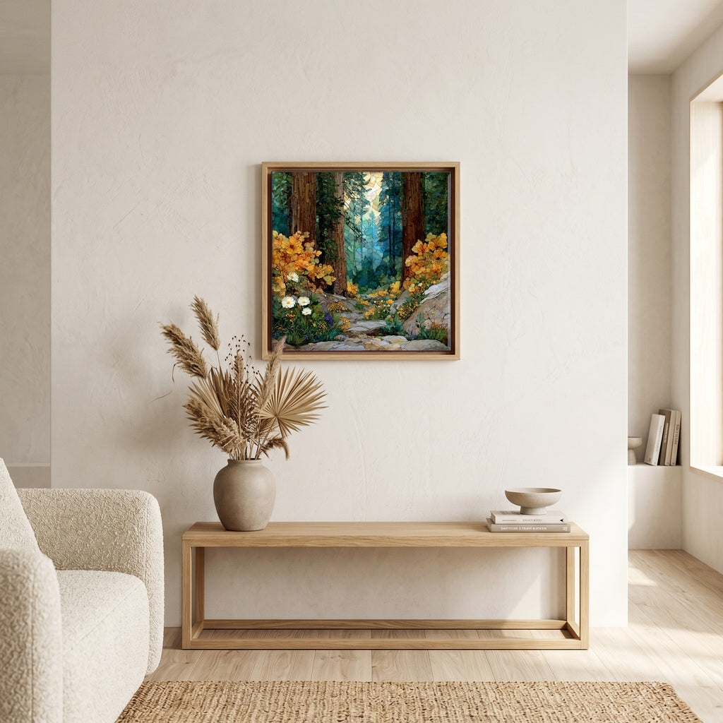 In the living room, above the sofa.