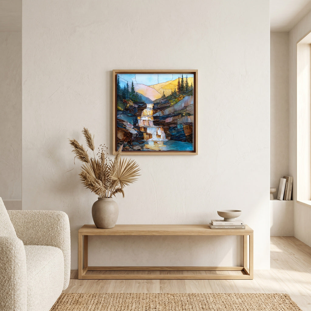 Above the bench, in a warm oak surround.