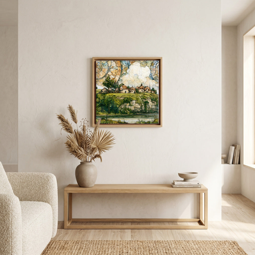 In the living room, above the sofa.