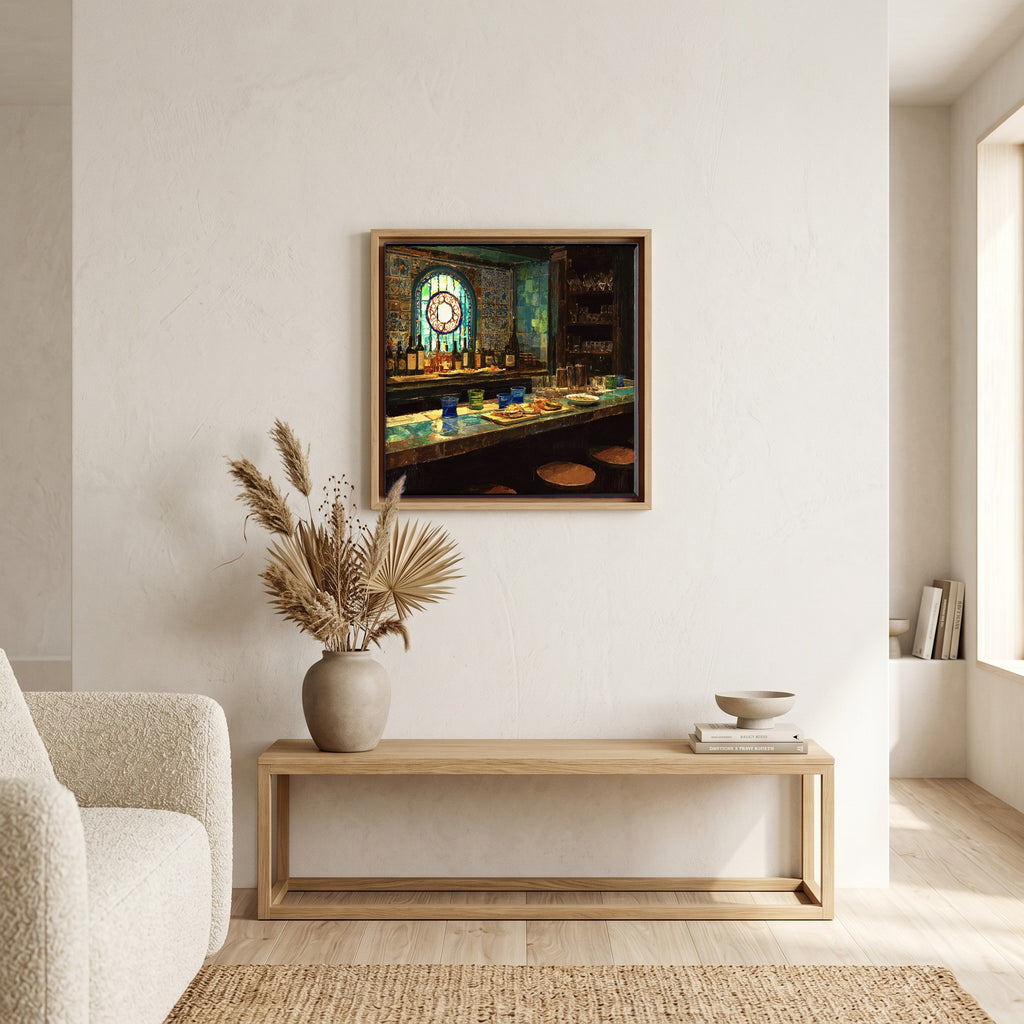 In the living room, above the sofa.