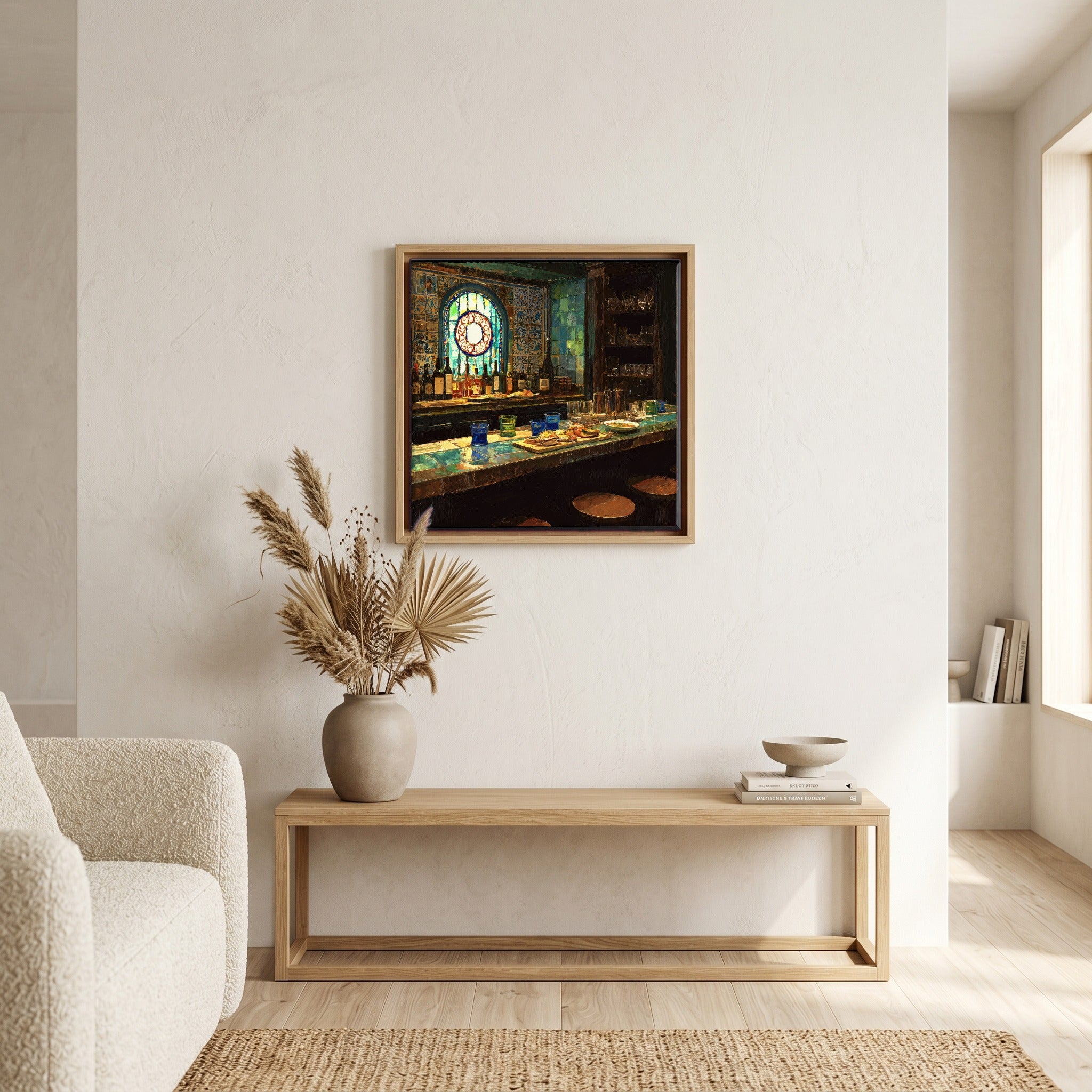 In the living room, above the sofa.