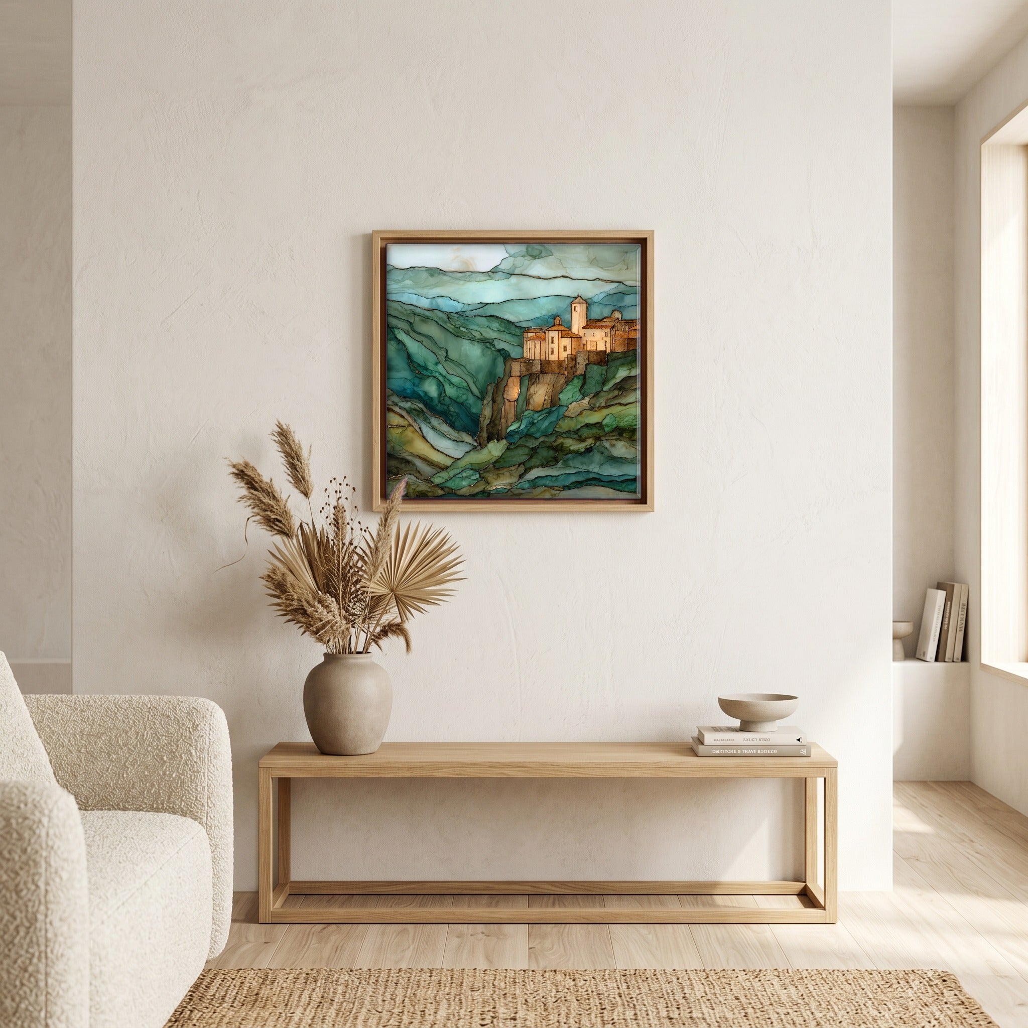 In the living room, above the sofa.