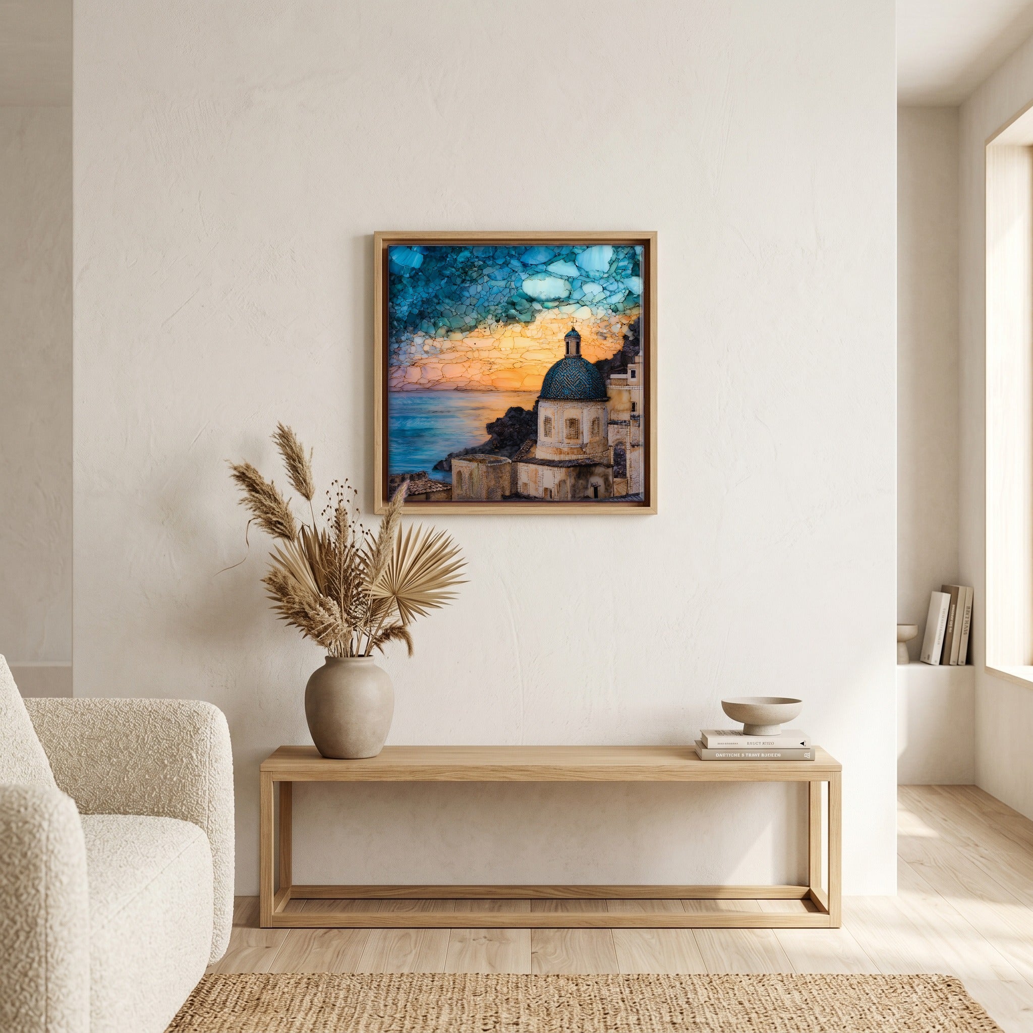 Above the bench, in a warm oak surround.