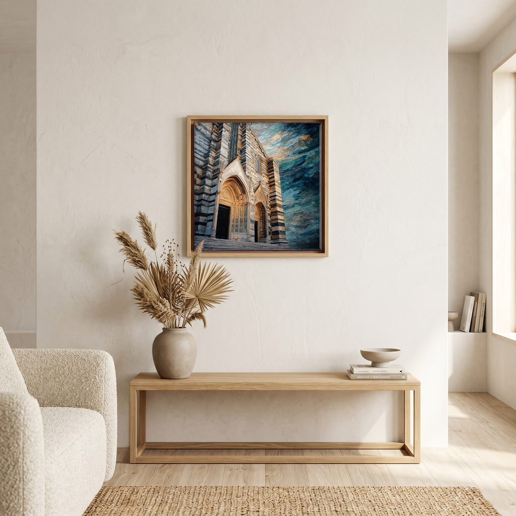 Above the bench, in a warm oak surround.