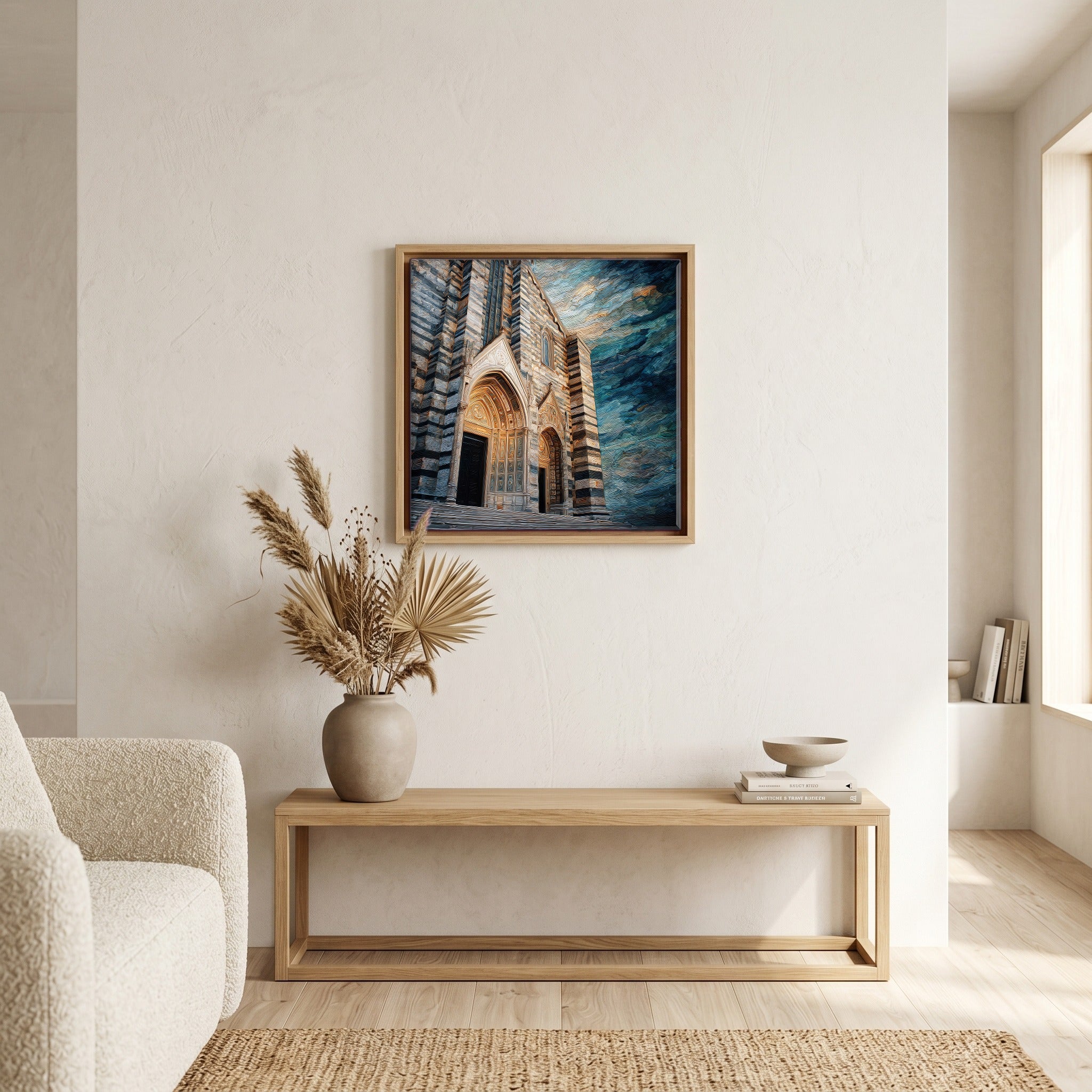 Above the bench, in a warm oak surround.