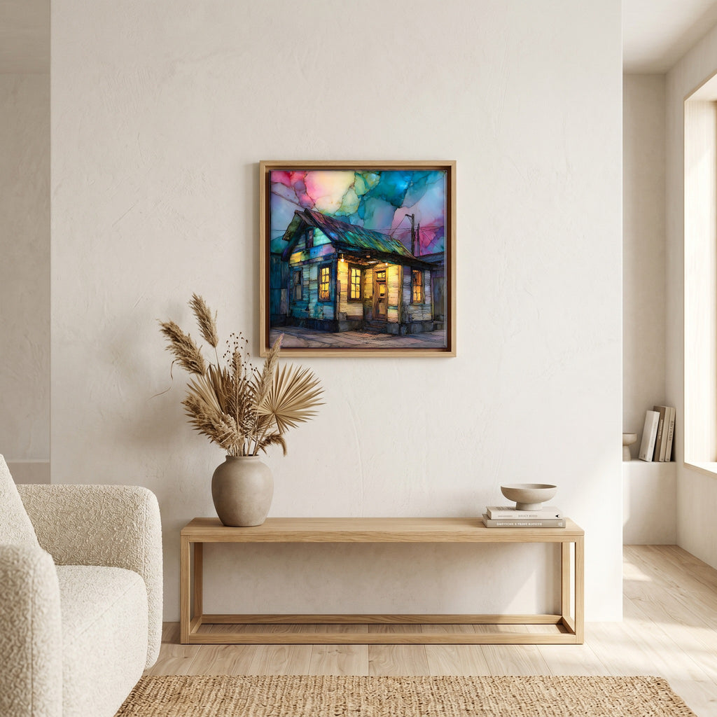 In the living room, above the sofa.