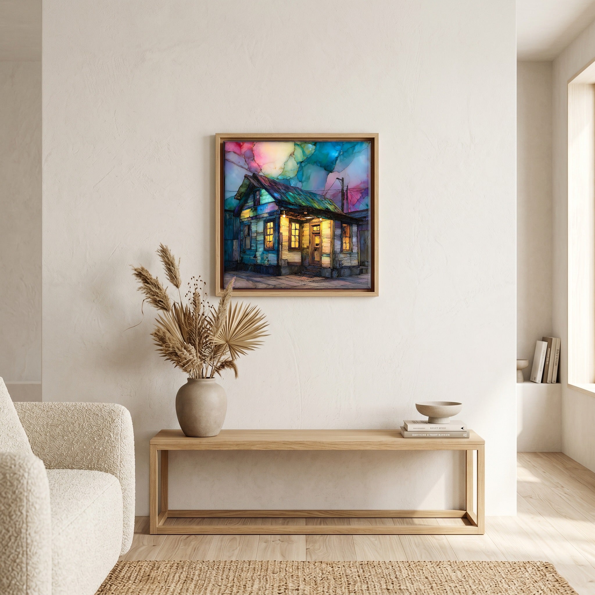 In the living room, above the sofa.