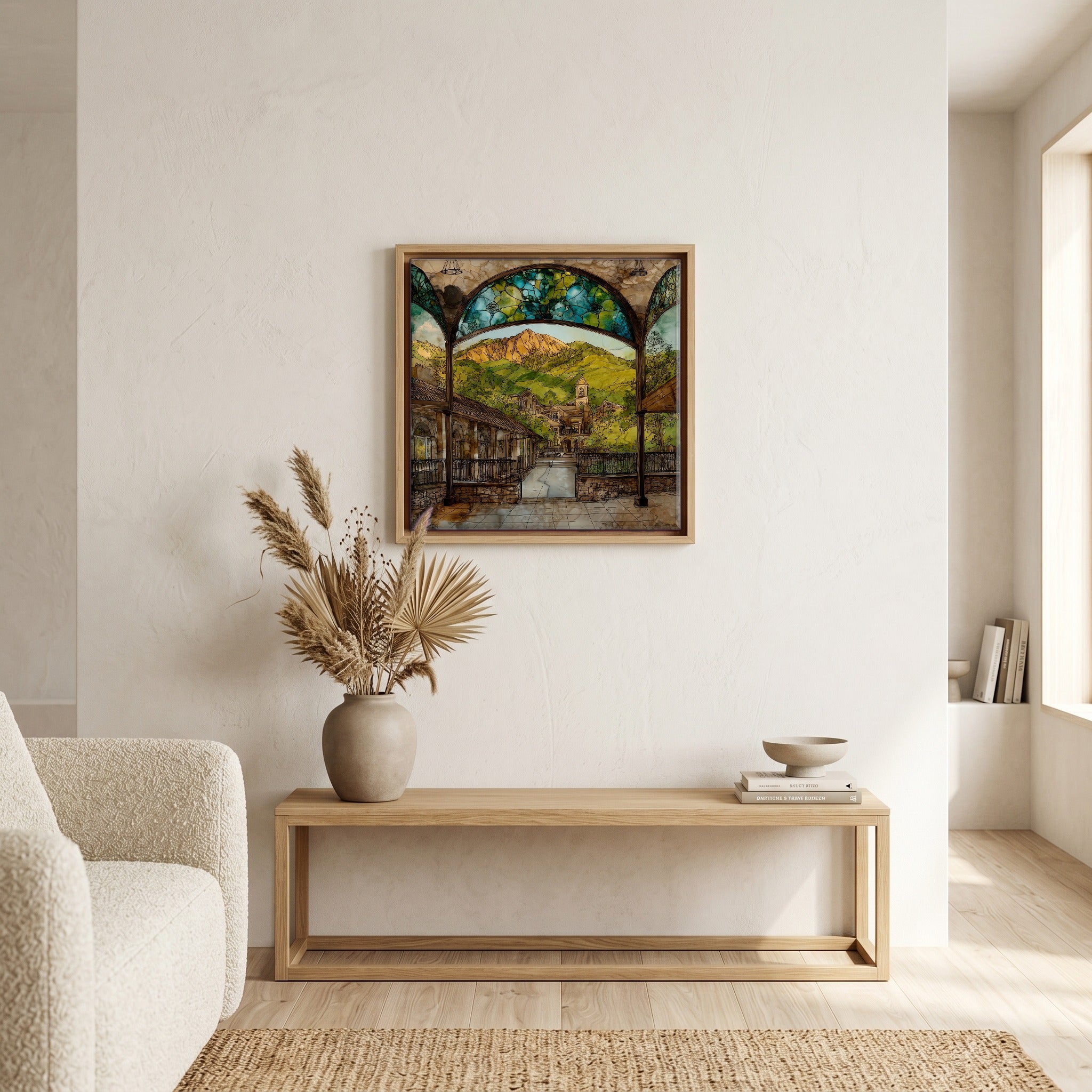 In the living room, above the sofa.