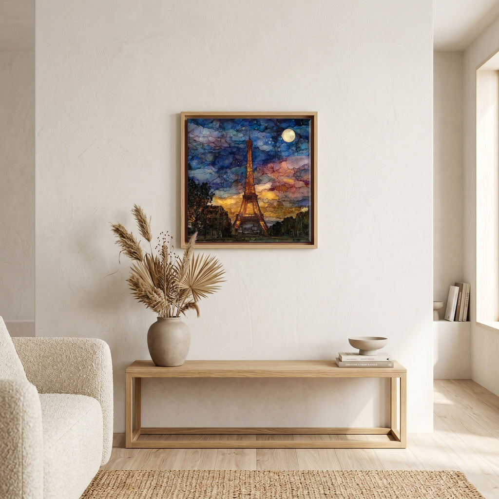 Above the bench, in a warm oak surround.
