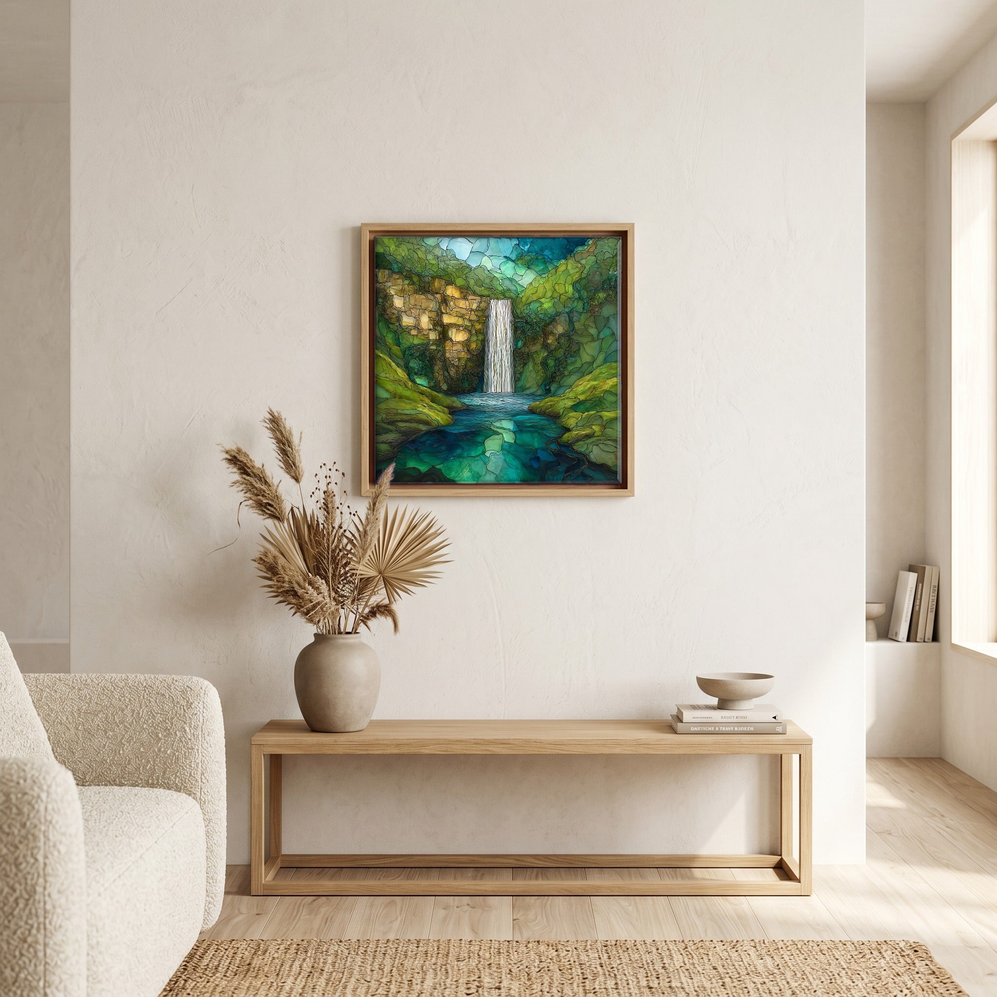 In the living room, above the sofa.