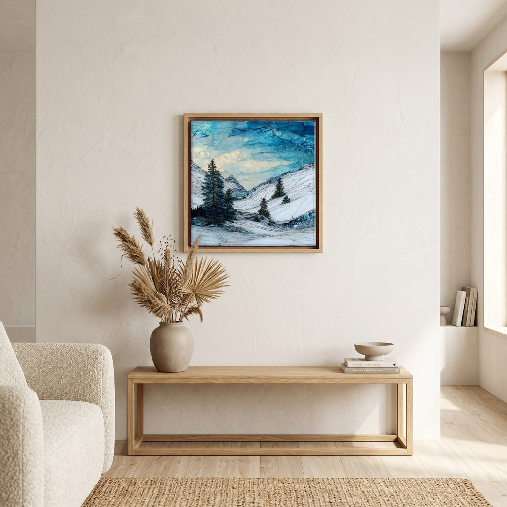 In the living room, above the sofa.