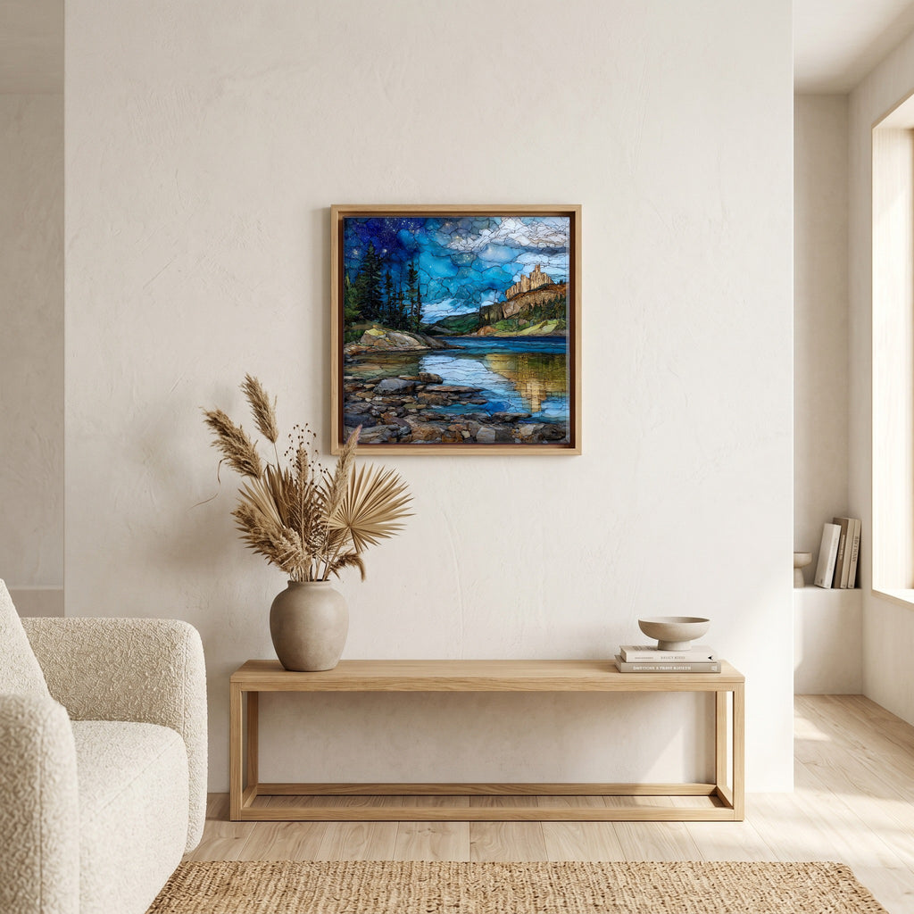 In the living room, above the sofa.
