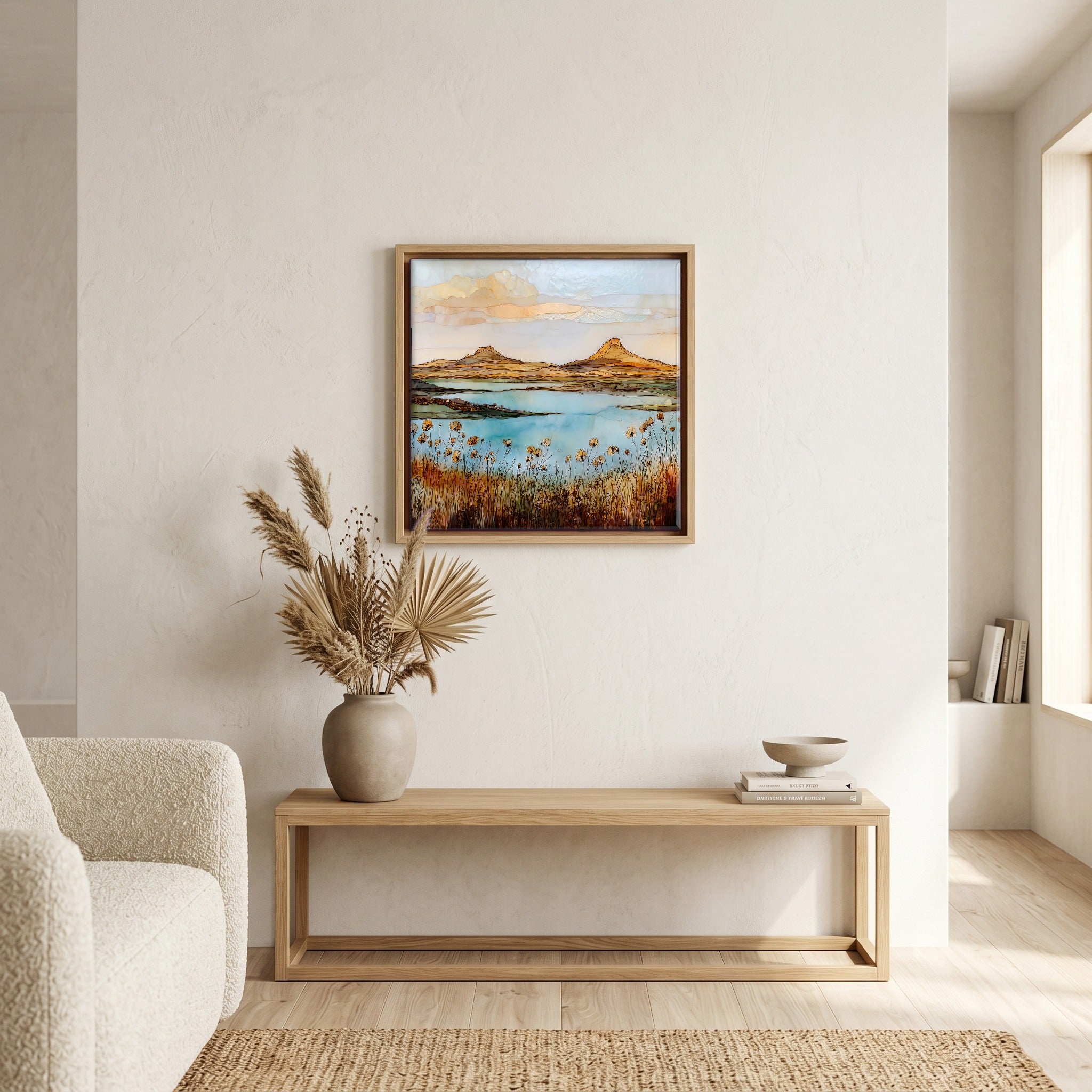 Above the bench, in a warm oak surround.