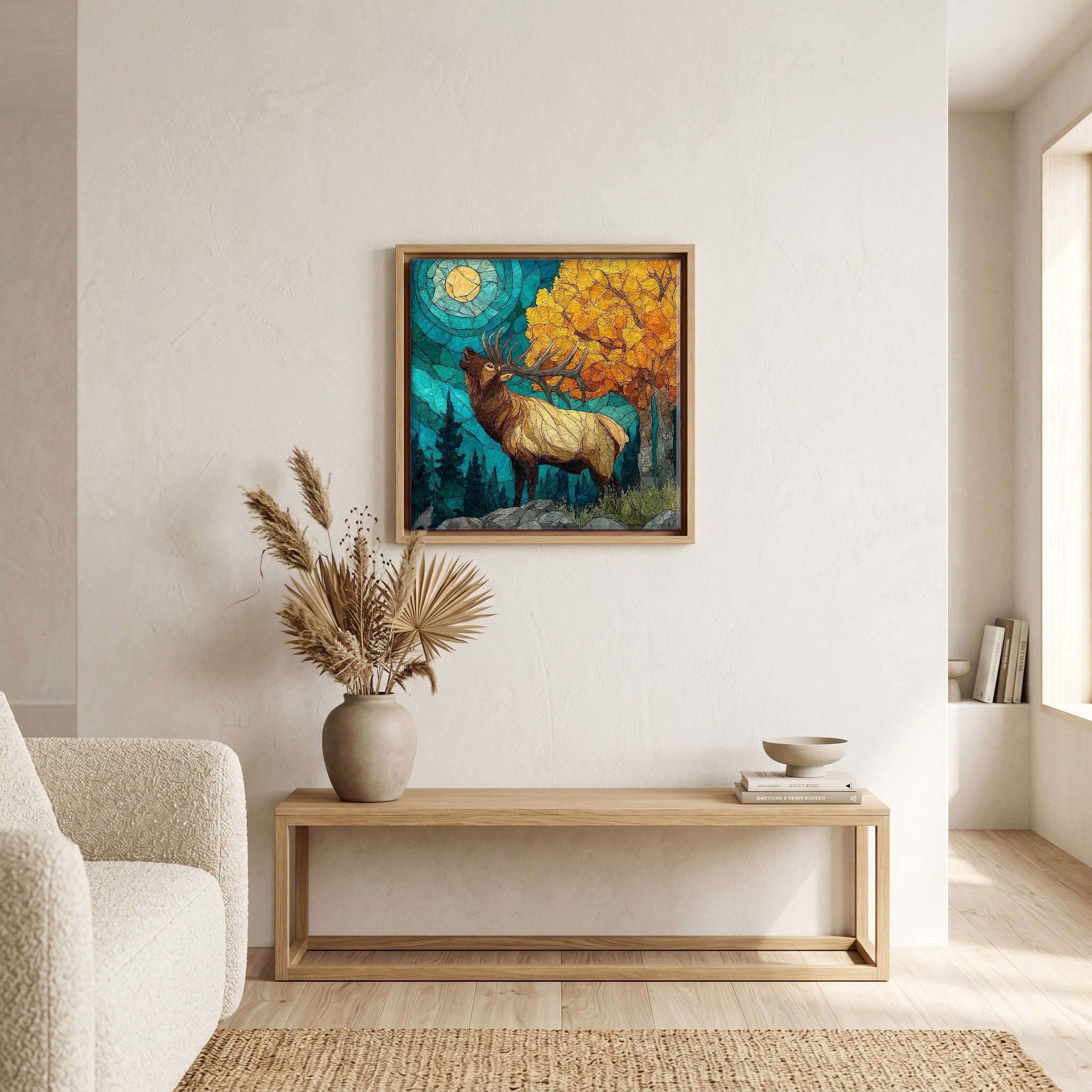 In the living room, above the sofa.