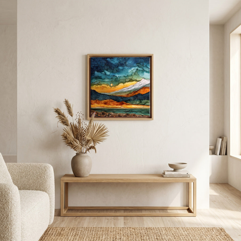 In the living room, above the sofa.