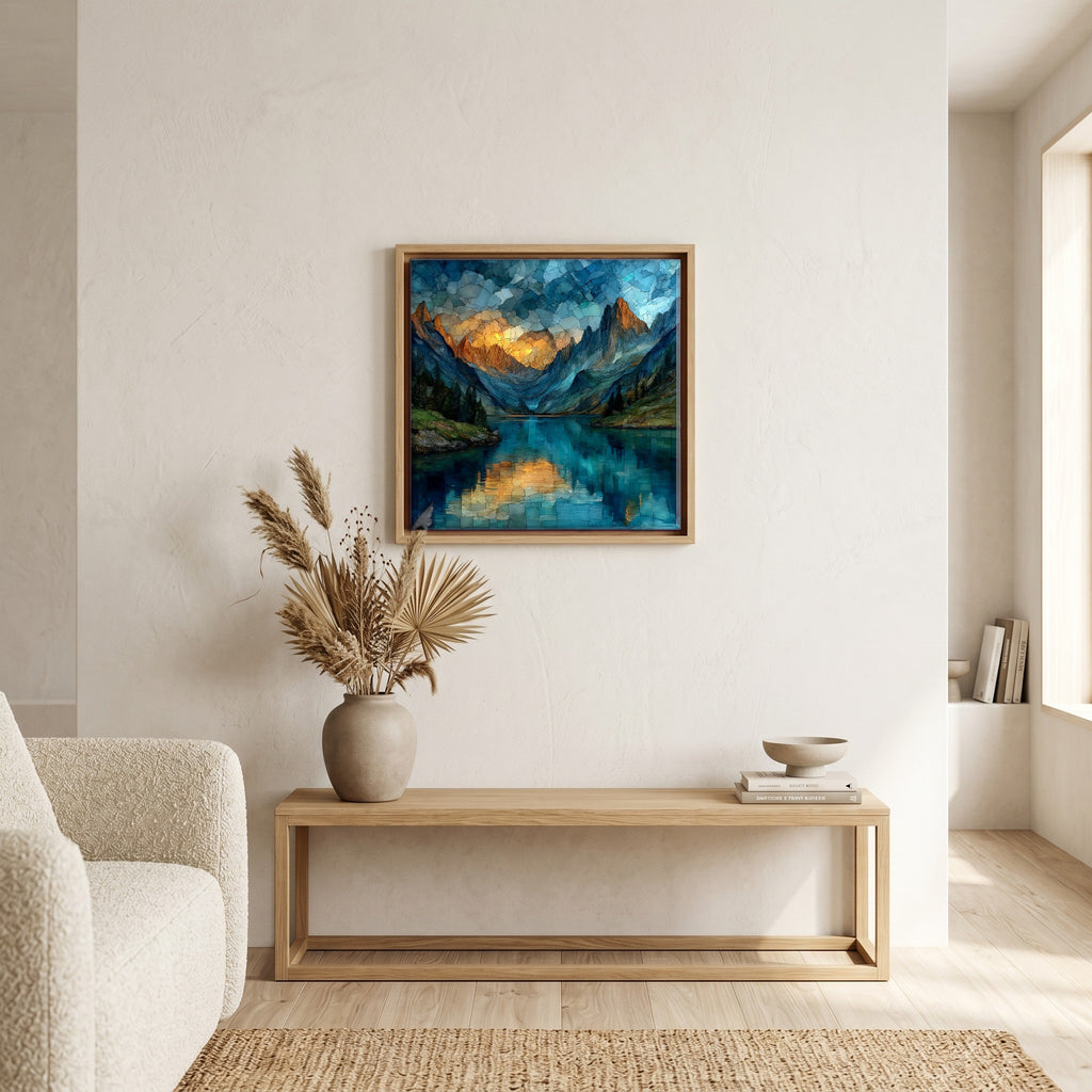 In the living room, above the sofa.