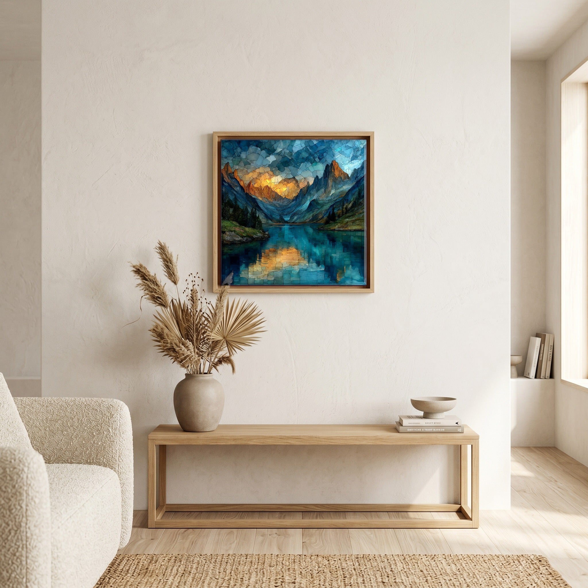 In the living room, above the sofa.
