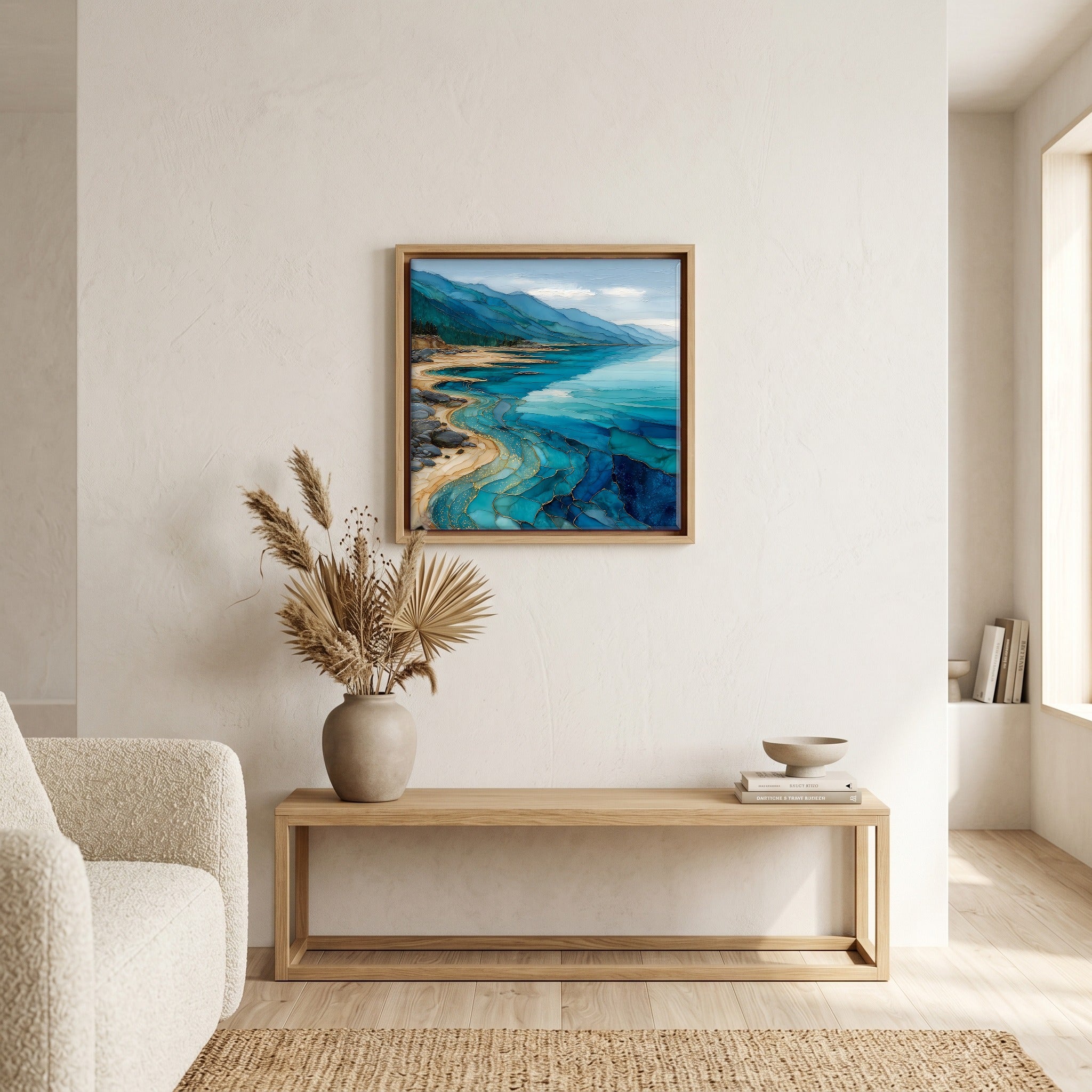 In the living room, above the sofa.